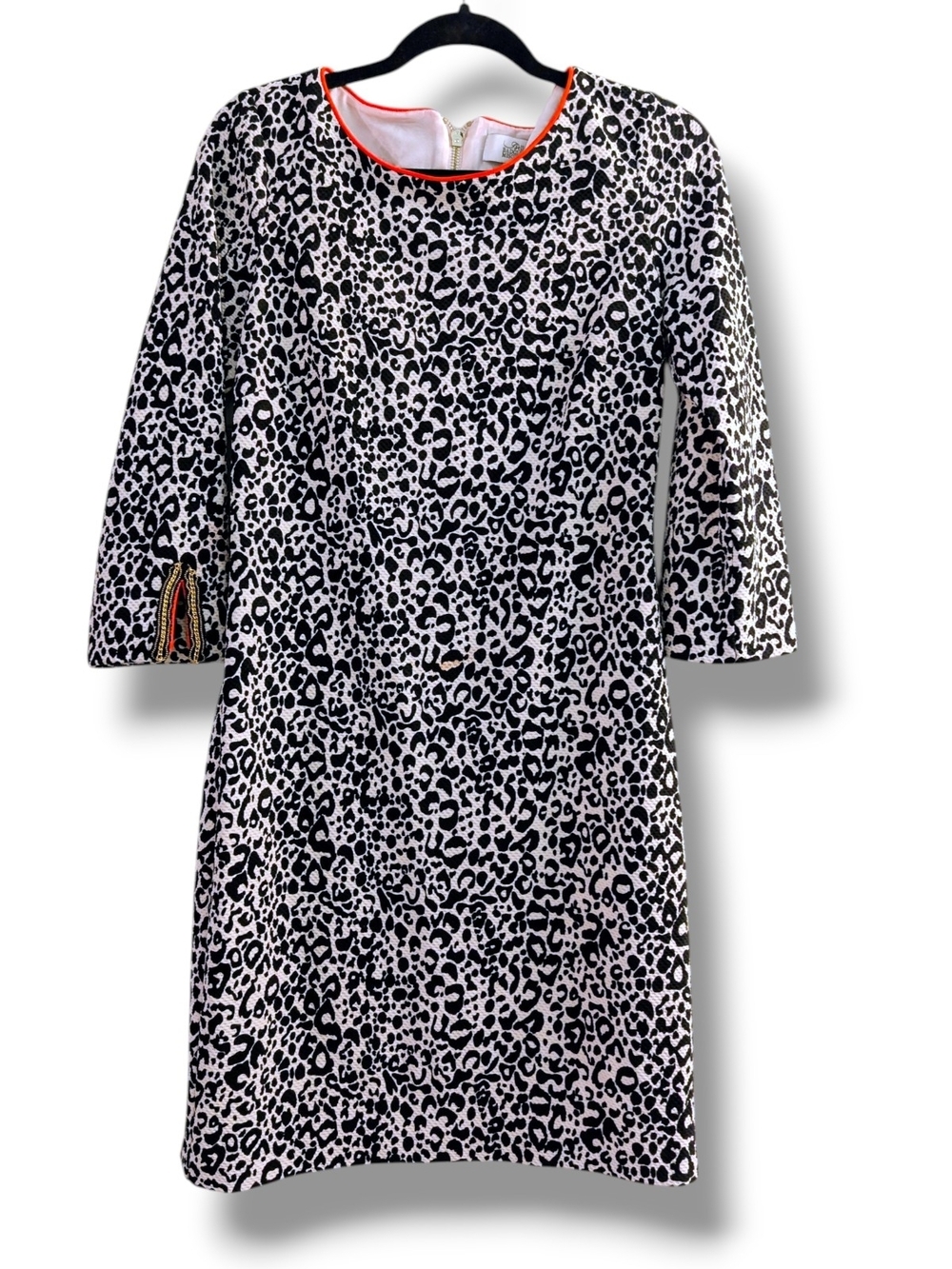 Belle Badgley Mischka Black and White Leopard Print Mini Dress with Orange Trim